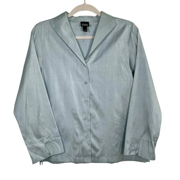 Eileen Fisher Raw Silk Button Down Blouse Gray Easy Fit Short Length Size Small - Picture 2 of 14